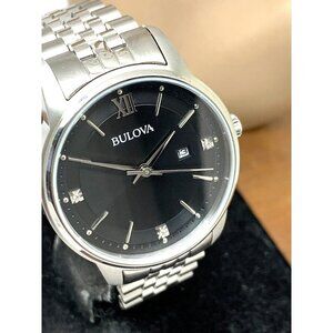 Bulova Women’s Watch 96P226 Silver Steel Diamond Black Dial Quartz 32mm